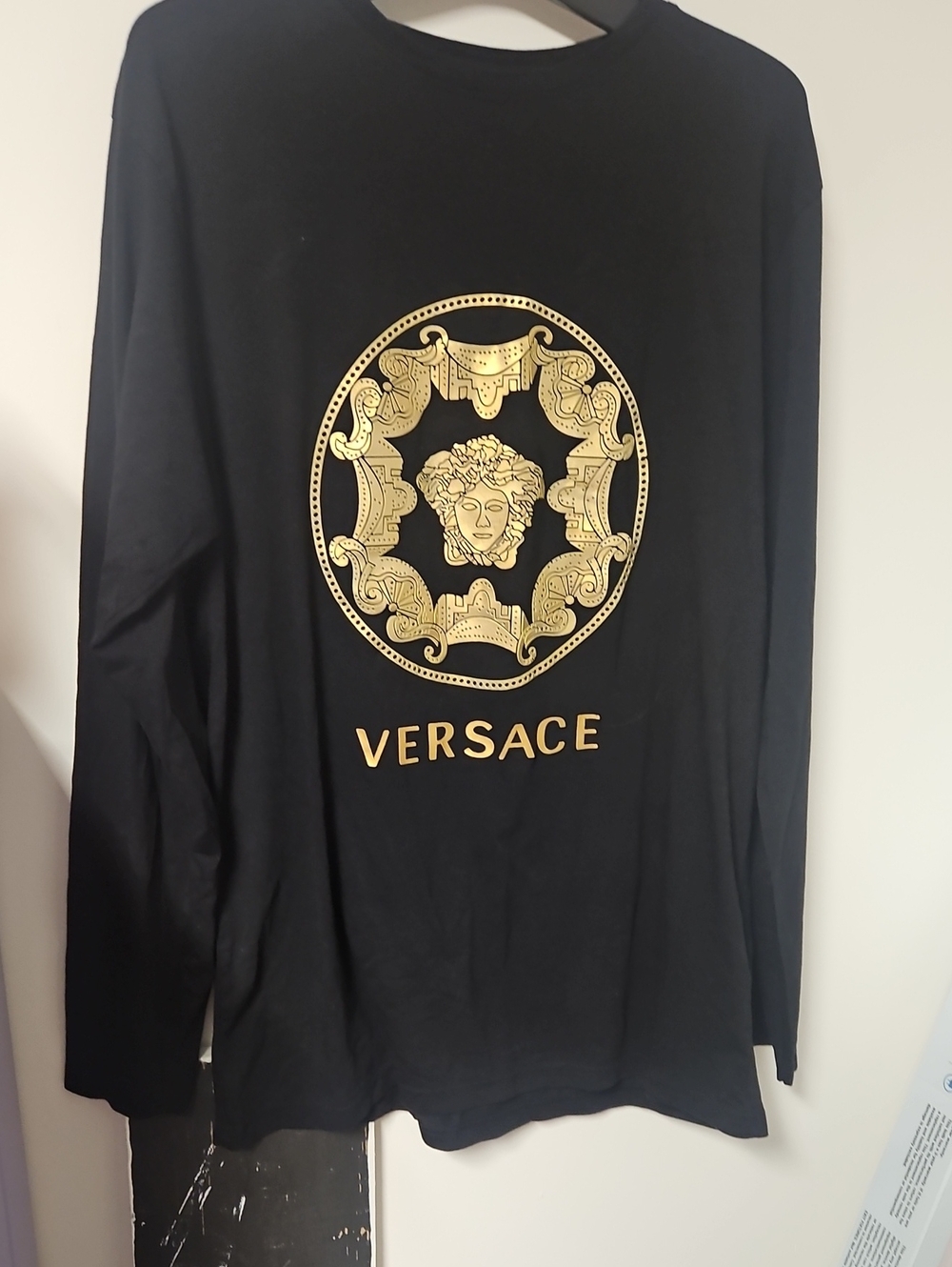 Mens Versace Black Long Sleeve Shirt with Gold Medusa Emblem, Size 3XL